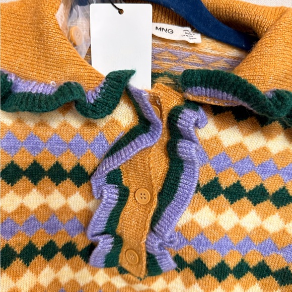 Mango Mustard Multi-Pattern Ruffle Collar Women's Sweater - Picture 2 of 4